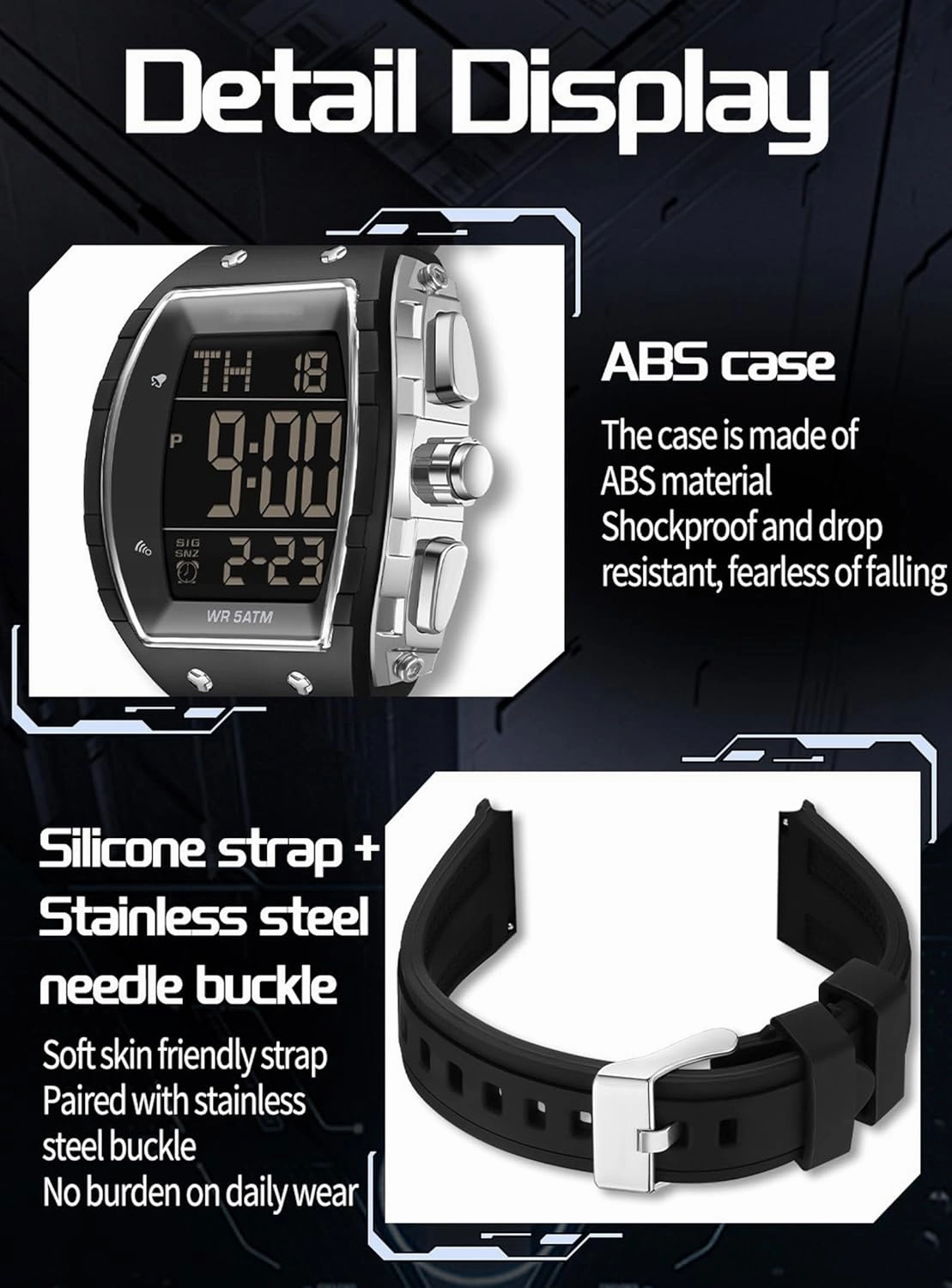 Mens Watches Men Digital Watches Dual Time Zone with LED Backlight Alarm Stopwatch Silicone Strap 5ATM Waterproof for Travel/Sport/Business Easy Read Fashion Birthdays Gift for Him