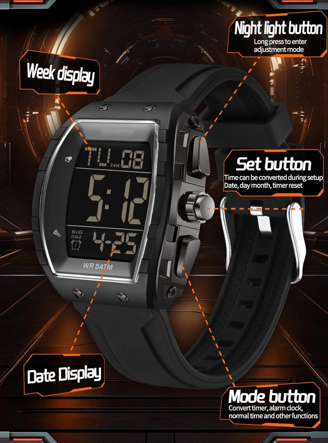 Mens Watches Men Digital Watches Dual Time Zone with LED Backlight Alarm Stopwatch Silicone Strap 5ATM Waterproof for Travel/Sport/Business Easy Read Fashion Birthdays Gift for Him