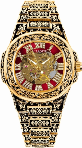 Meruiqi Men's Luxury Automatic Mechanical Watch, Gold Carved Design, Red Skeleton Dial