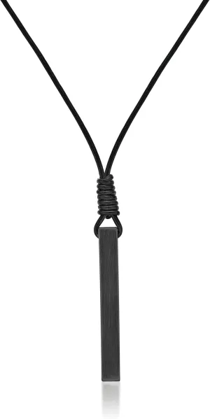 Metro Jewelry Rectangular Prism Pendant Necklace for Men in Stainless Steel or Black Ion Plating on 24 Inches Long Leather Cord