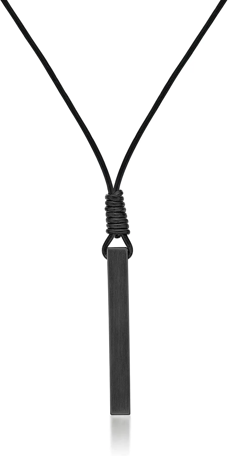 Metro Jewelry Rectangular Prism Pendant Necklace for Men in Stainless Steel or Black Ion Plating on 24 Inches Long Leather Cord