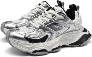 MFCT Men‘s Streetwear Fashion Lace Up Chunky Sneakers (Silver-LF101, US Footwear Size System, Adult, Men, Numeric, Medium, 8)