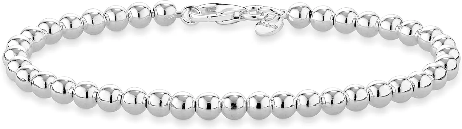 Miabella 925 Sterling Silver Italian Handmade 4mm Bead Ball Strand Chain Bracelet for Women, Made in Italy