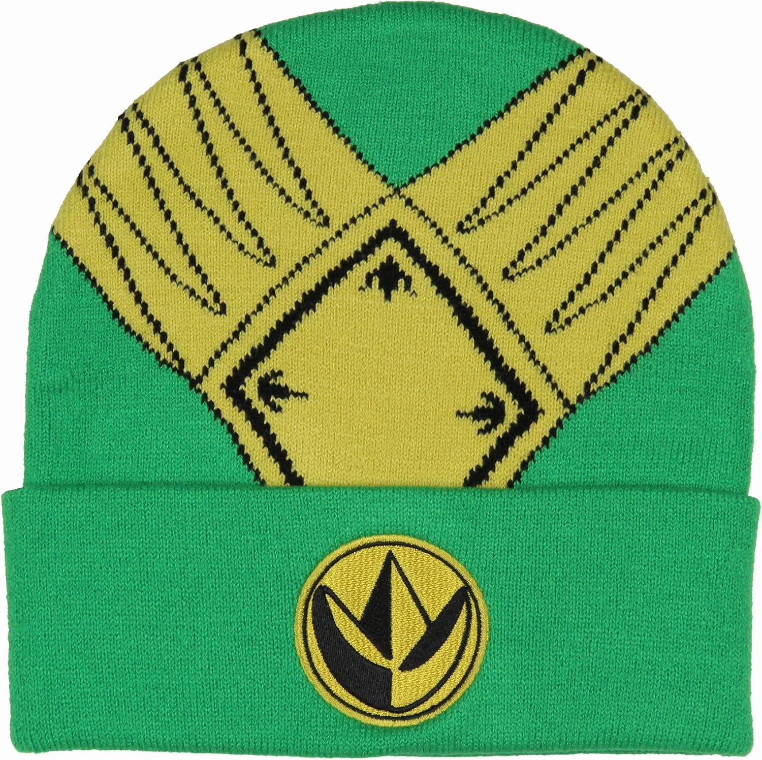 Mighty Morphin Power Rangers Men's Green Ranger Beanie Gold Armor Embroidered Patch Knit Fold Cuff Beanie Hat OSFM