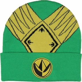 Mighty Morphin Power Rangers Men's Green Ranger Beanie Gold Armor Embroidered Patch Knit Fold Cuff Beanie Hat OSFM