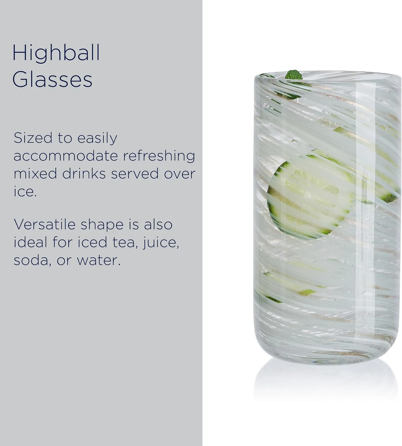 Mikasa Color Swirl White Gray Set of 4 Highball Tall Beverage Glasses, 18 ounces