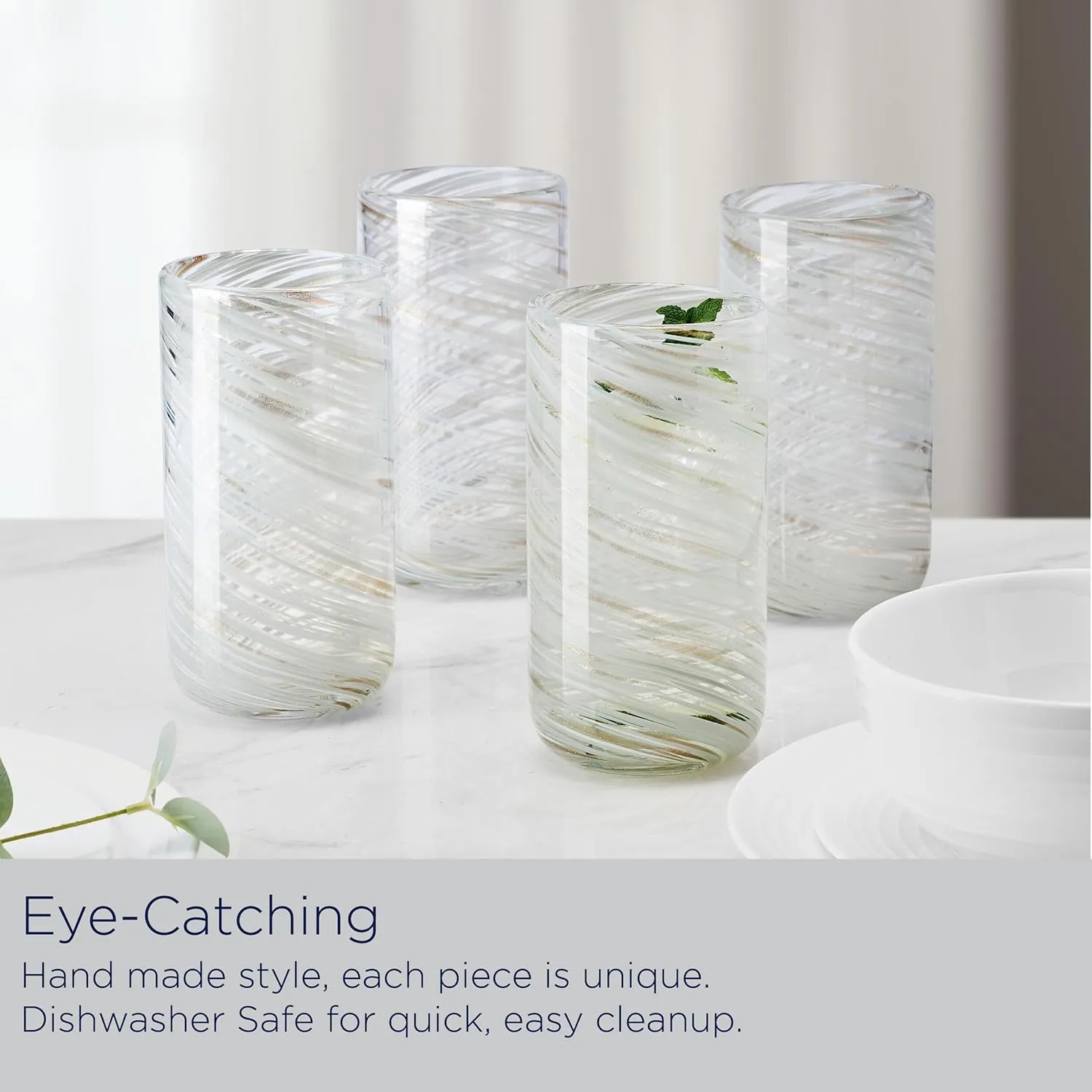 Mikasa Color Swirl White Gray Set of 4 Highball Tall Beverage Glasses, 18 ounces