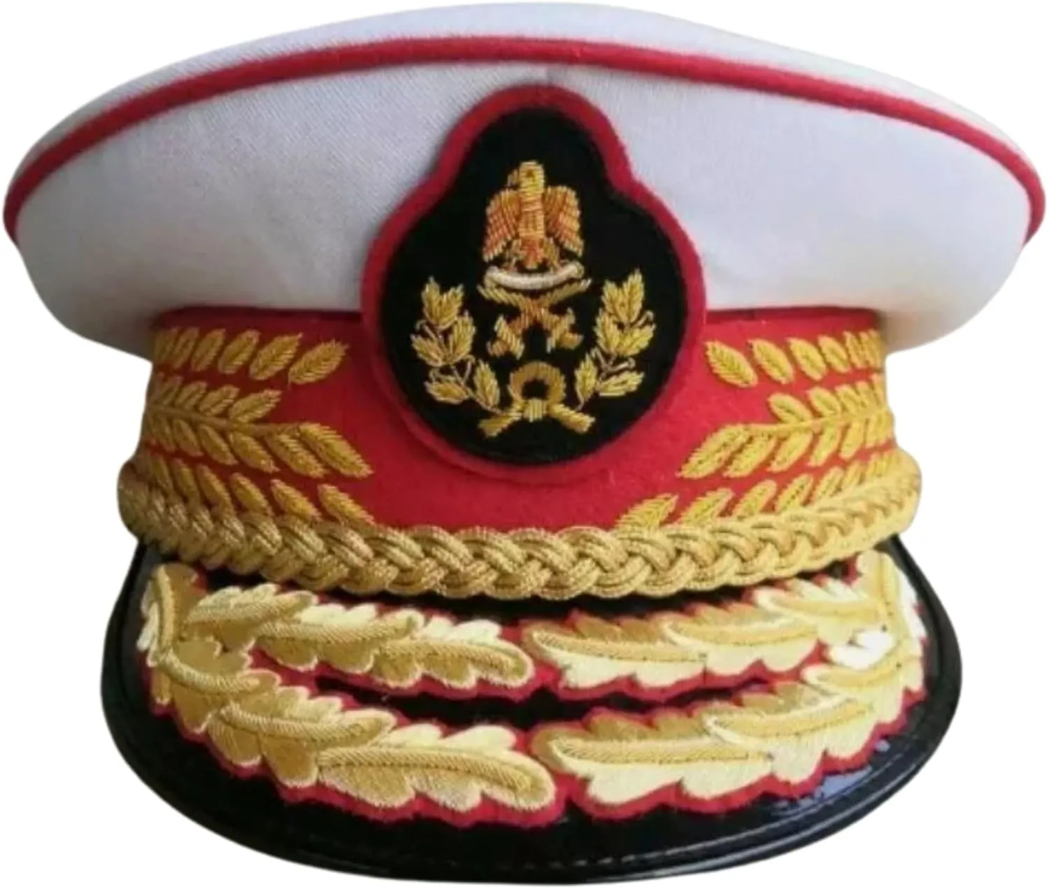 Military Style Ceremonial Dress Cap with Gold Embroidered Insignia, White and Red (US, Numeric, 7 1/8, White)