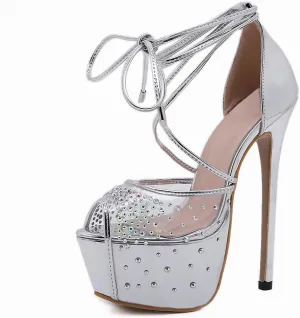 MissHeel Lace Up Rhinestone Platform Heels Peep Toe Stiletto Heels