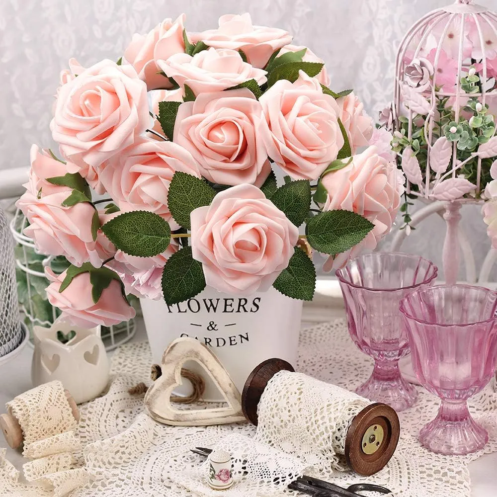 Mocoosy 50Pcs Artificial Rose Flowers, Blush Pink Roses Artificial Flowers, Real Touch Foam Fake Rose Bulk with Stems for DIY Wedding Bouquets Centerpieces Valentine's Day Party Home Decorations