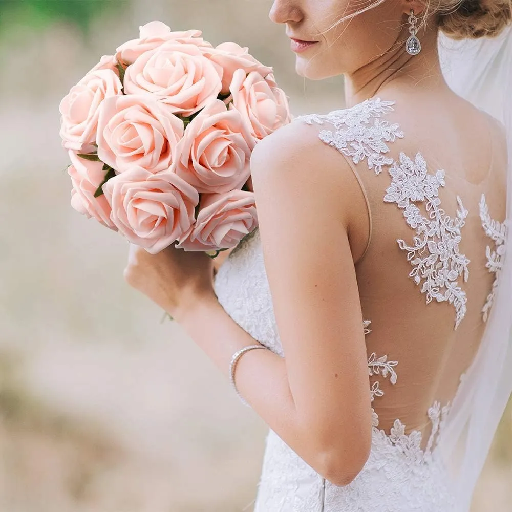Mocoosy 50Pcs Artificial Rose Flowers, Blush Pink Roses Artificial Flowers, Real Touch Foam Fake Rose Bulk with Stems for DIY Wedding Bouquets Centerpieces Valentine's Day Party Home Decorations