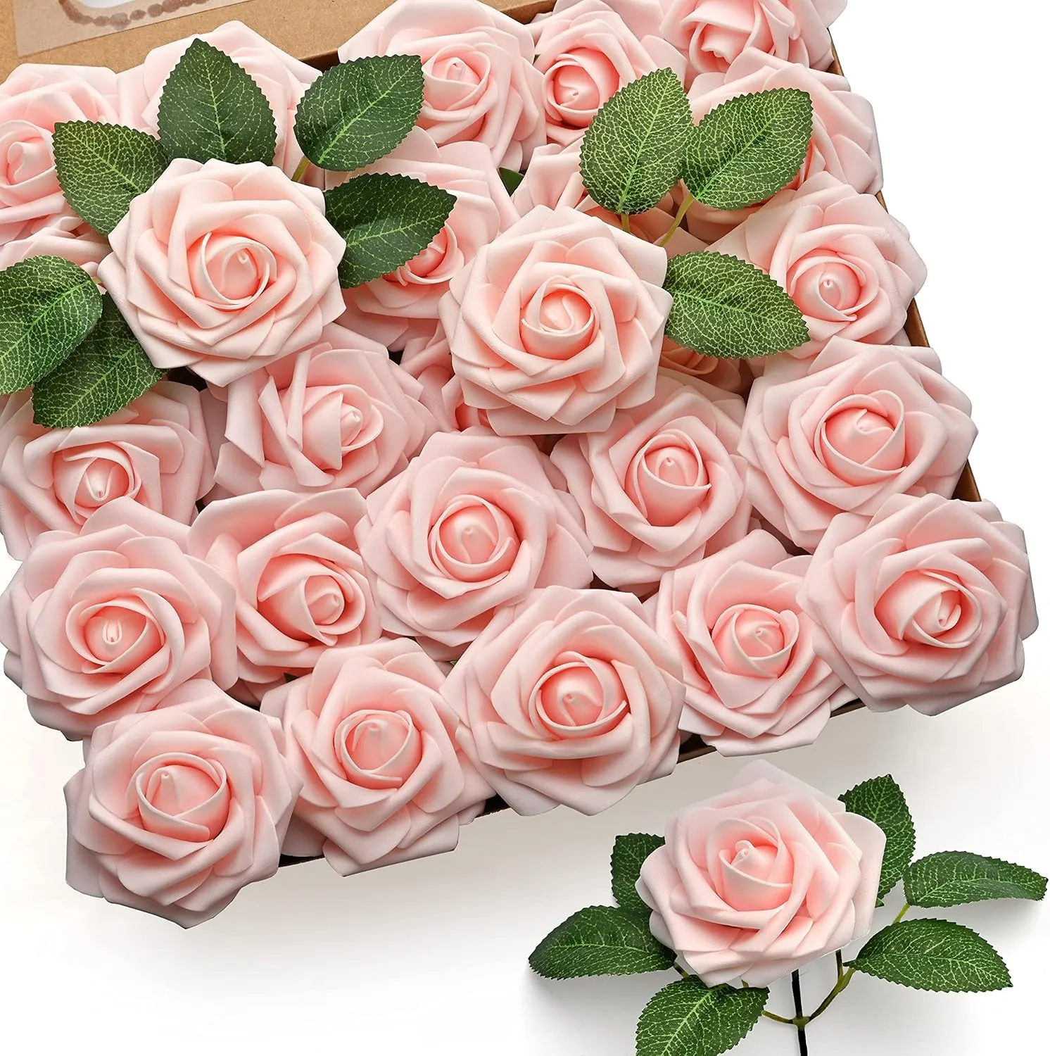 Mocoosy 50Pcs Artificial Rose Flowers, Blush Pink Roses Artificial Flowers, Real Touch Foam Fake Rose Bulk with Stems for DIY Wedding Bouquets Centerpieces Valentine's Day Party Home Decorations