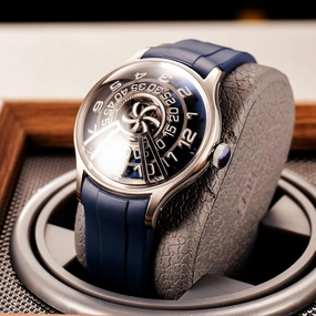 Modern Spiral Design Wristwatch, Black Silicone Band, Silver Case, Unique Turbine Dial