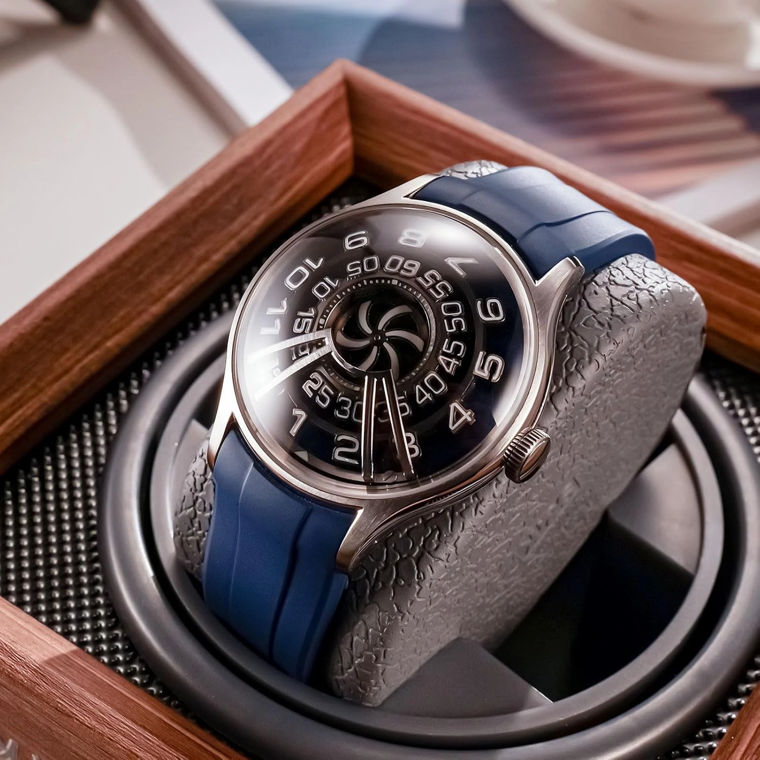 Modern Spiral Design Wristwatch, Black Silicone Band, Silver Case, Unique Turbine Dial