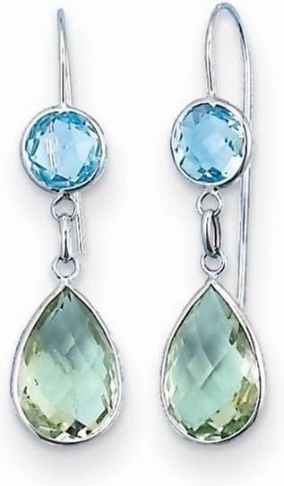 Mothers Day Mom Gift 14K White Gold Rhodium-Plated Polished Blue Topaz and Green Quartz Leverback Dangle Earrings (L- 39.3 mm, W- 10.9 mm)