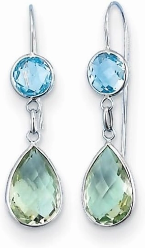 Mothers Day Mom Gift 14K White Gold Rhodium-Plated Polished Blue Topaz and Green Quartz Leverback Dangle Earrings (L- 39.3 mm, W- 10.9 mm)