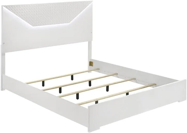 Mountain Majesty Eastern King Panel Bed White High Gloss Finish 3D Diamond Embossed Headboard Low-Profile Sleek Modern Italian-Style Bedroom Furniture