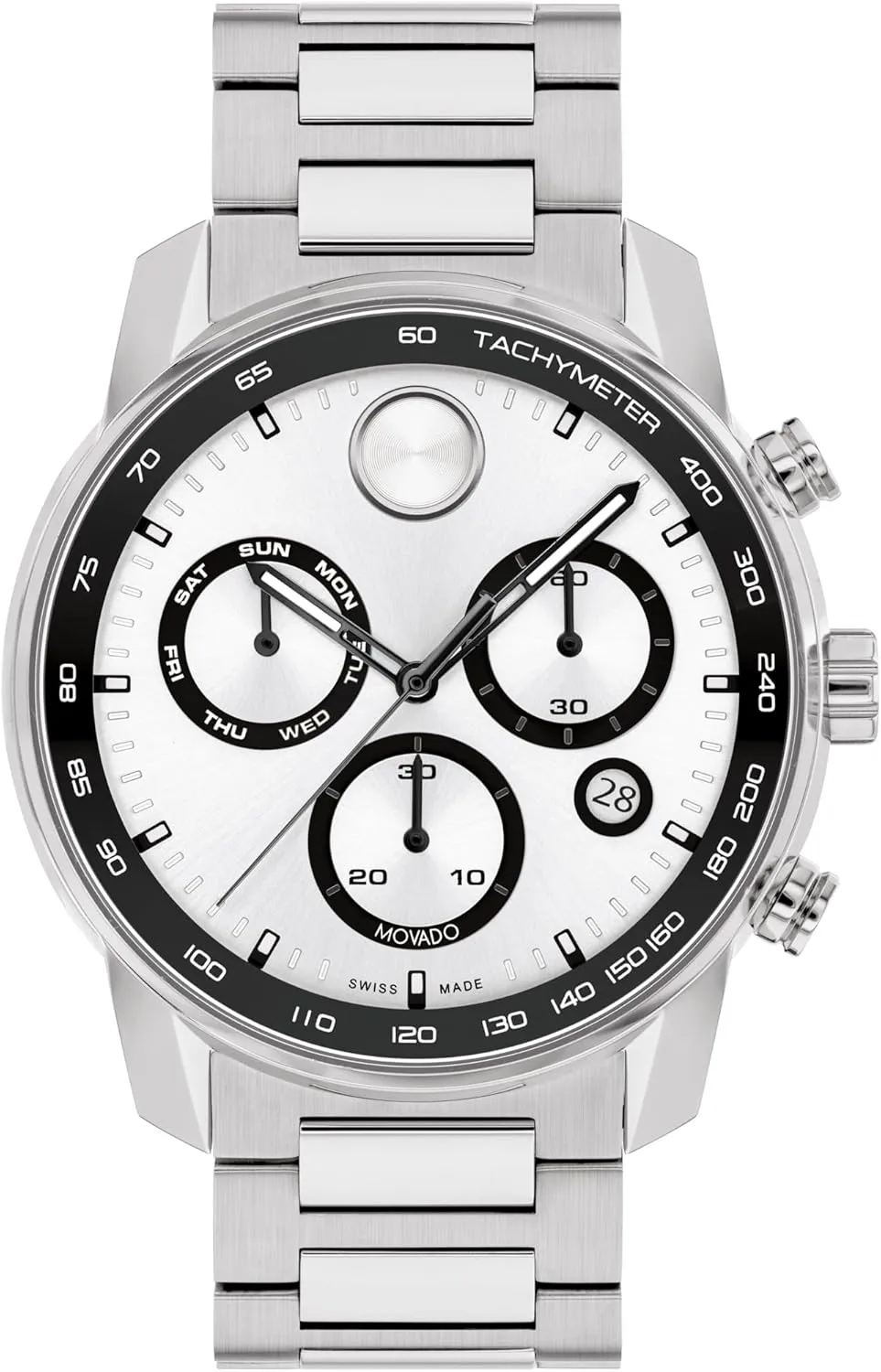 Movado Bold Verso Men's Sport Watch - Swiss Quartz Chronograph Movement, Stainless Steel Link Bracelet - 5 ATM Water Resistance - Luxury Fashion Timepiece for Him - 44mm