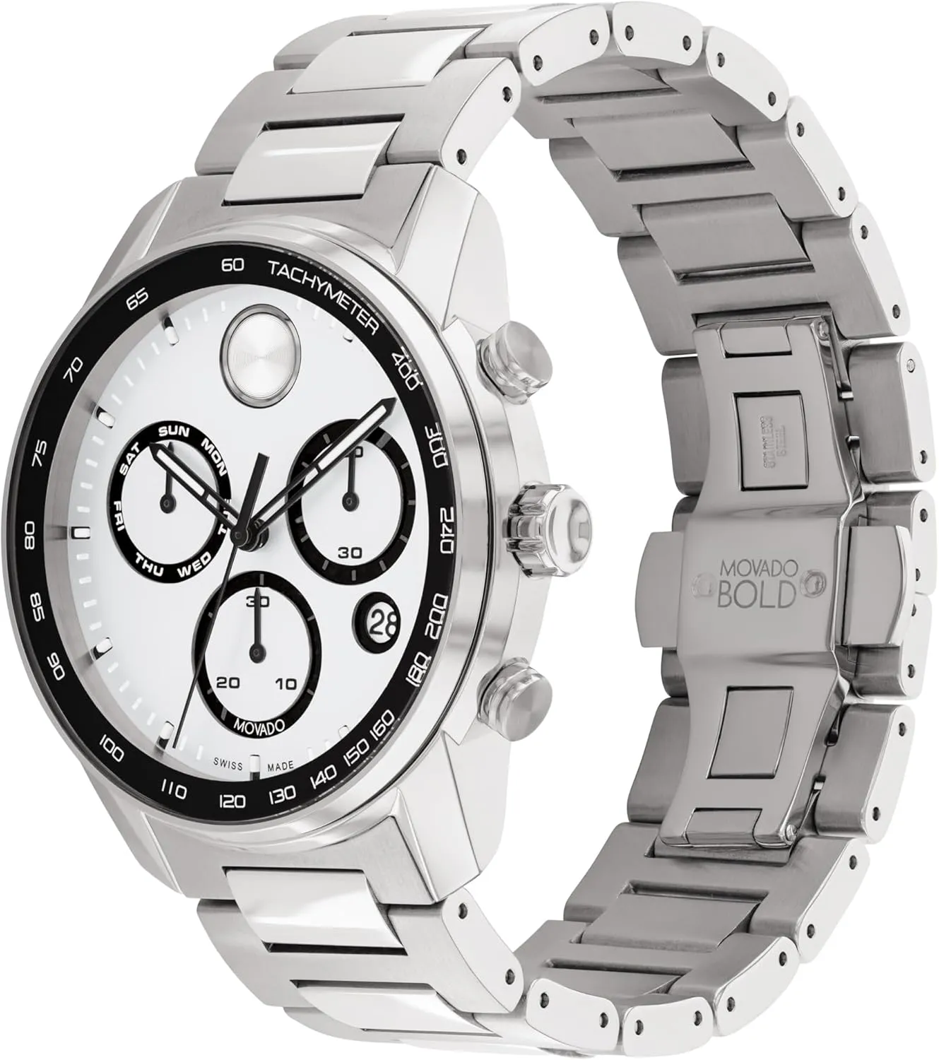 Movado Bold Verso Men's Sport Watch - Swiss Quartz Chronograph Movement, Stainless Steel Link Bracelet - 5 ATM Water Resistance - Luxury Fashion Timepiece for Him - 44mm