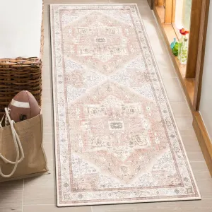 MUJOO Pink Runner Rug Washable,Boho Area Rugs for Hallways Kitchen Bedroom Entryway Bathroom,Non Slip Carpet Long Mat Indoor,Floral Vintage Blush and White Soft 2'x6'