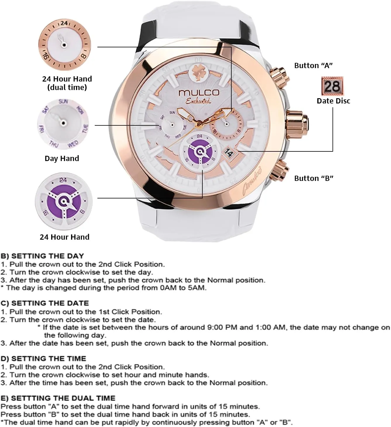 MULCO Watches for Women - Enchanted Maple - Silver Stainless Steel Case with Wrist Silicone Band, Large Face with Mother of Pearl and Rose Gold, Quartz Analog Movement, Waterproof - Inspired by Magic