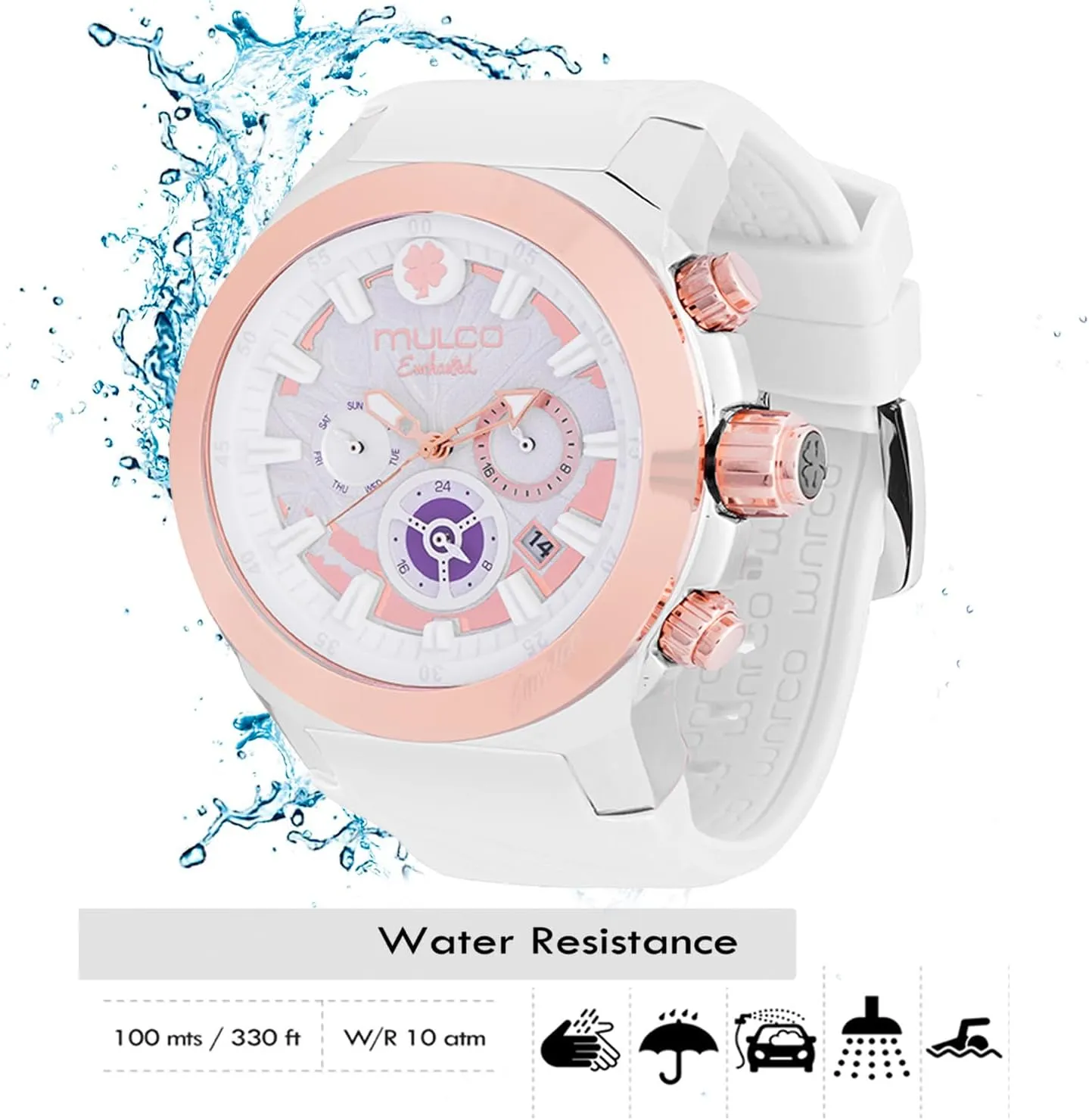MULCO Watches for Women - Enchanted Maple - Silver Stainless Steel Case with Wrist Silicone Band, Large Face with Mother of Pearl and Rose Gold, Quartz Analog Movement, Waterproof - Inspired by Magic