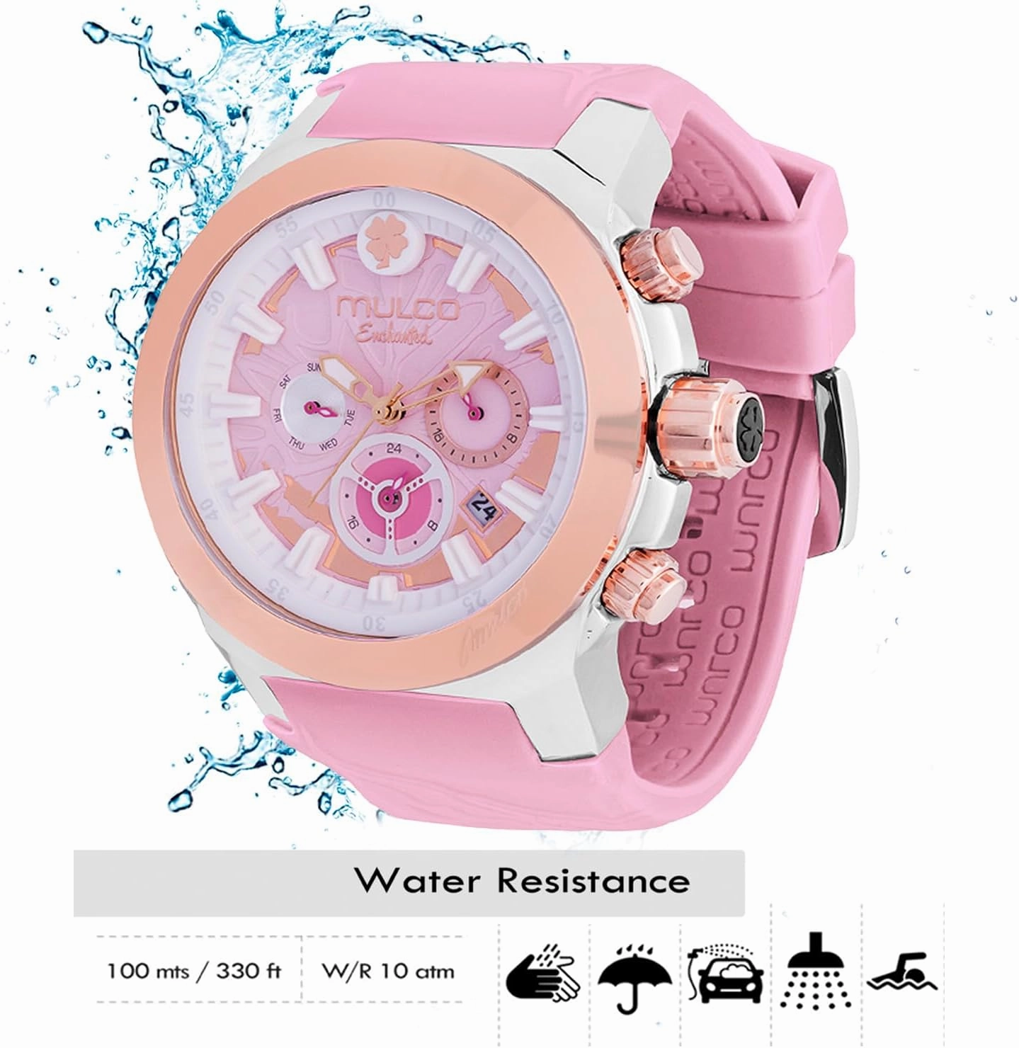 MULCO Watches for Women - Enchanted Maple - Silver Stainless Steel Case with Wrist Silicone Band, Large Face with Mother of Pearl and Rose Gold, Quartz Analog Movement, Waterproof - Inspired by Magic