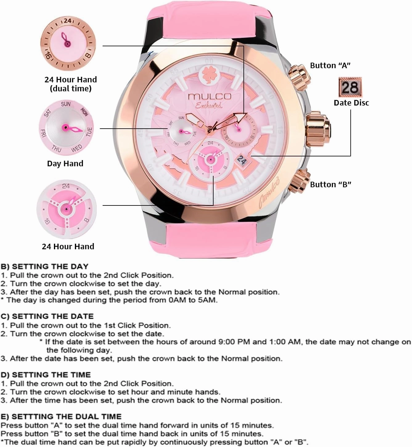 MULCO Watches for Women - Enchanted Maple - Silver Stainless Steel Case with Wrist Silicone Band, Large Face with Mother of Pearl and Rose Gold, Quartz Analog Movement, Waterproof - Inspired by Magic
