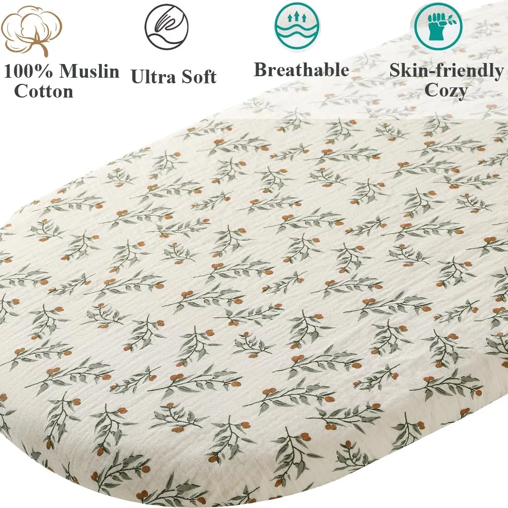 Muslin Bassinet Sheet Compatible with Halo Bassinest Swivel Flex Glide Premiere & Luxe Series Sleeper 2 Pack Cotton Stylish Boho Fitted Bassinet Sheets Super Soft for Baby Roman Green & Botanical Leaf