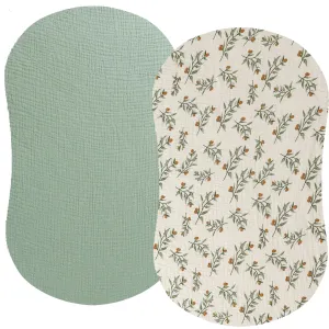 Muslin Bassinet Sheet Compatible with Halo Bassinest Swivel Flex Glide Premiere & Luxe Series Sleeper 2 Pack Cotton Stylish Boho Fitted Bassinet Sheets Super Soft for Baby Roman Green & Botanical Leaf