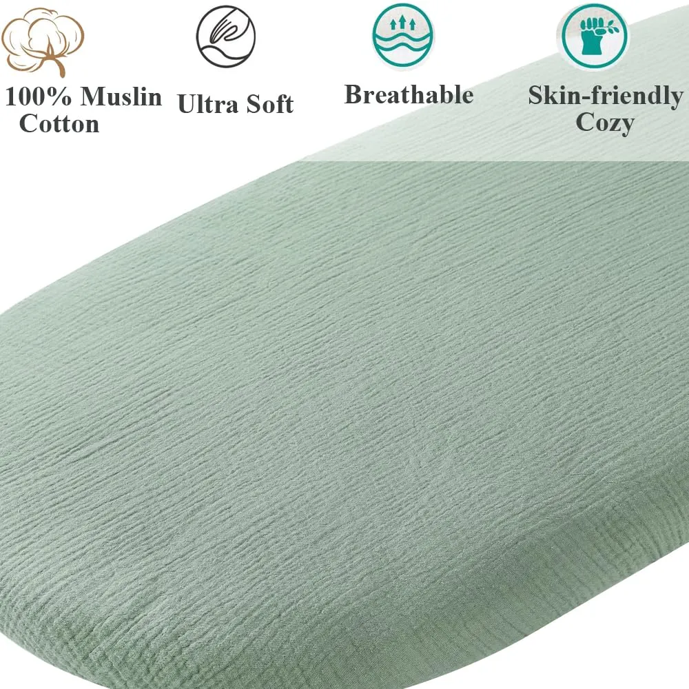 Muslin Bassinet Sheet Compatible with Halo Bassinest Swivel Flex Glide Premiere & Luxe Series Sleeper 2 Pack Cotton Stylish Boho Fitted Bassinet Sheets Super Soft for Baby Roman Green & Botanical Leaf