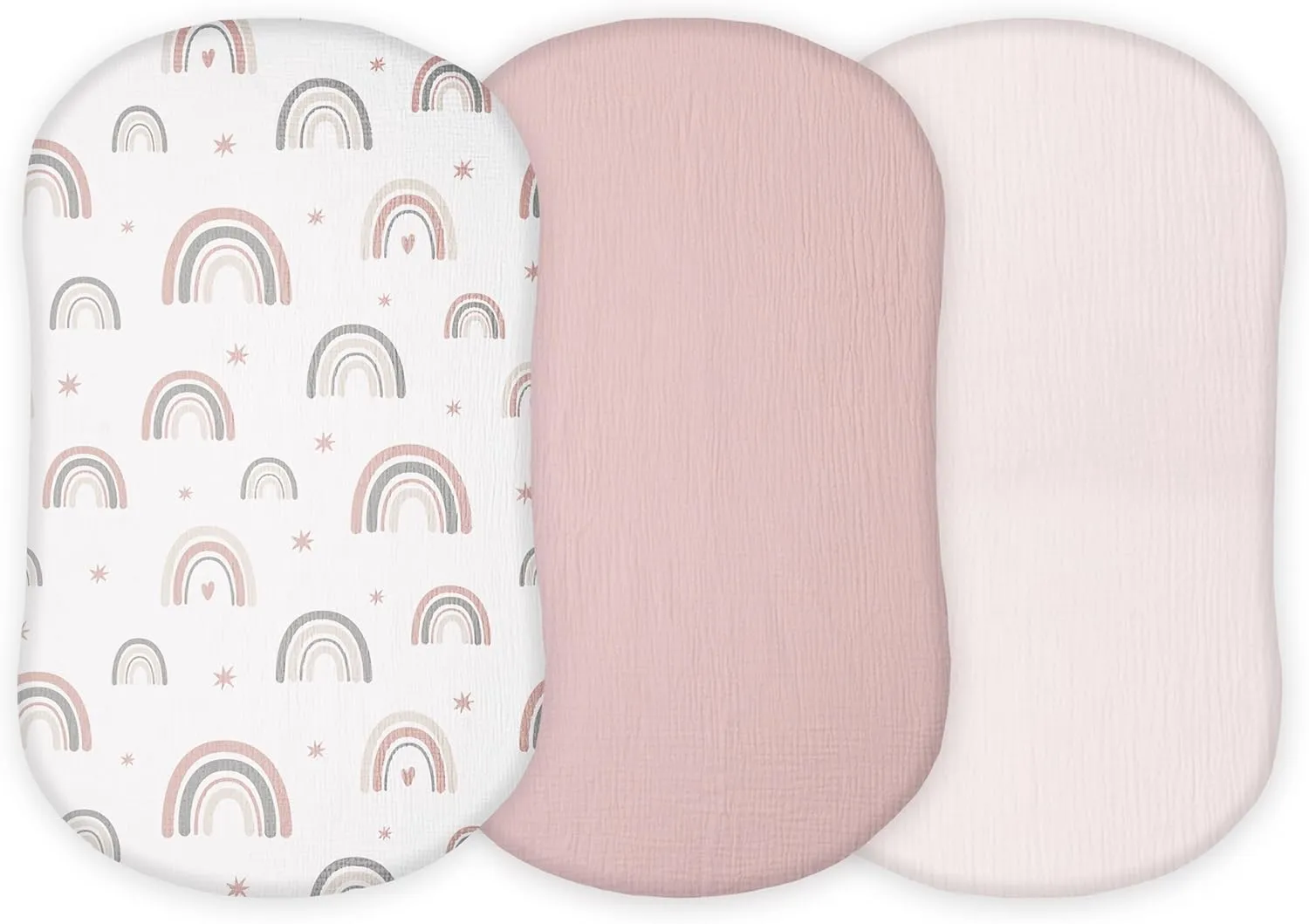Muslin Bassinet Sheets Compatible with Halo Bassinest Swivel, Flex, Glide, Premiere and Luxe Series Sleeper, Pack 3, 33 X 17 Inch, Ultra Soft and Snug Fit, Unisex Boys Girls, Pink Rainbow