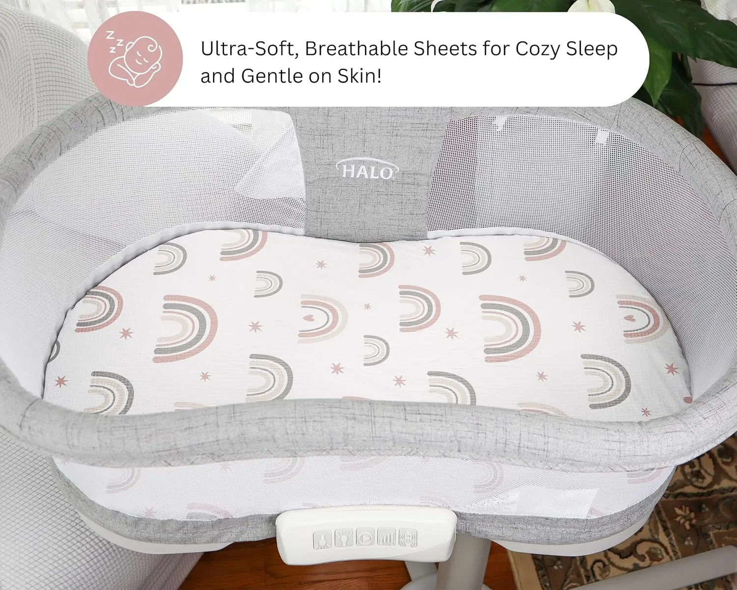 Muslin Bassinet Sheets Compatible with Halo Bassinest Swivel, Flex, Glide, Premiere and Luxe Series Sleeper, Pack 3, 33 X 17 Inch, Ultra Soft and Snug Fit, Unisex Boys Girls, Pink Rainbow