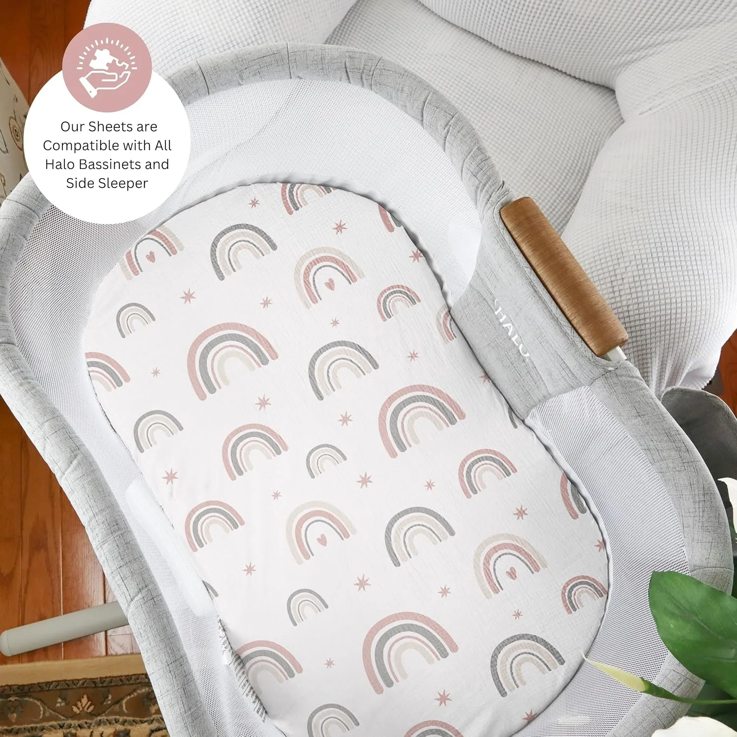 Muslin Bassinet Sheets Compatible with Halo Bassinest Swivel, Flex, Glide, Premiere and Luxe Series Sleeper, Pack 3, 33 X 17 Inch, Ultra Soft and Snug Fit, Unisex Boys Girls, Pink Rainbow