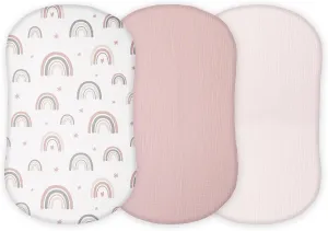 Muslin Bassinet Sheets Compatible with Halo Bassinest Swivel, Flex, Glide, Premiere and Luxe Series Sleeper, Pack 3, 33 X 17 Inch, Ultra Soft and Snug Fit, Unisex Boys Girls, Pink Rainbow