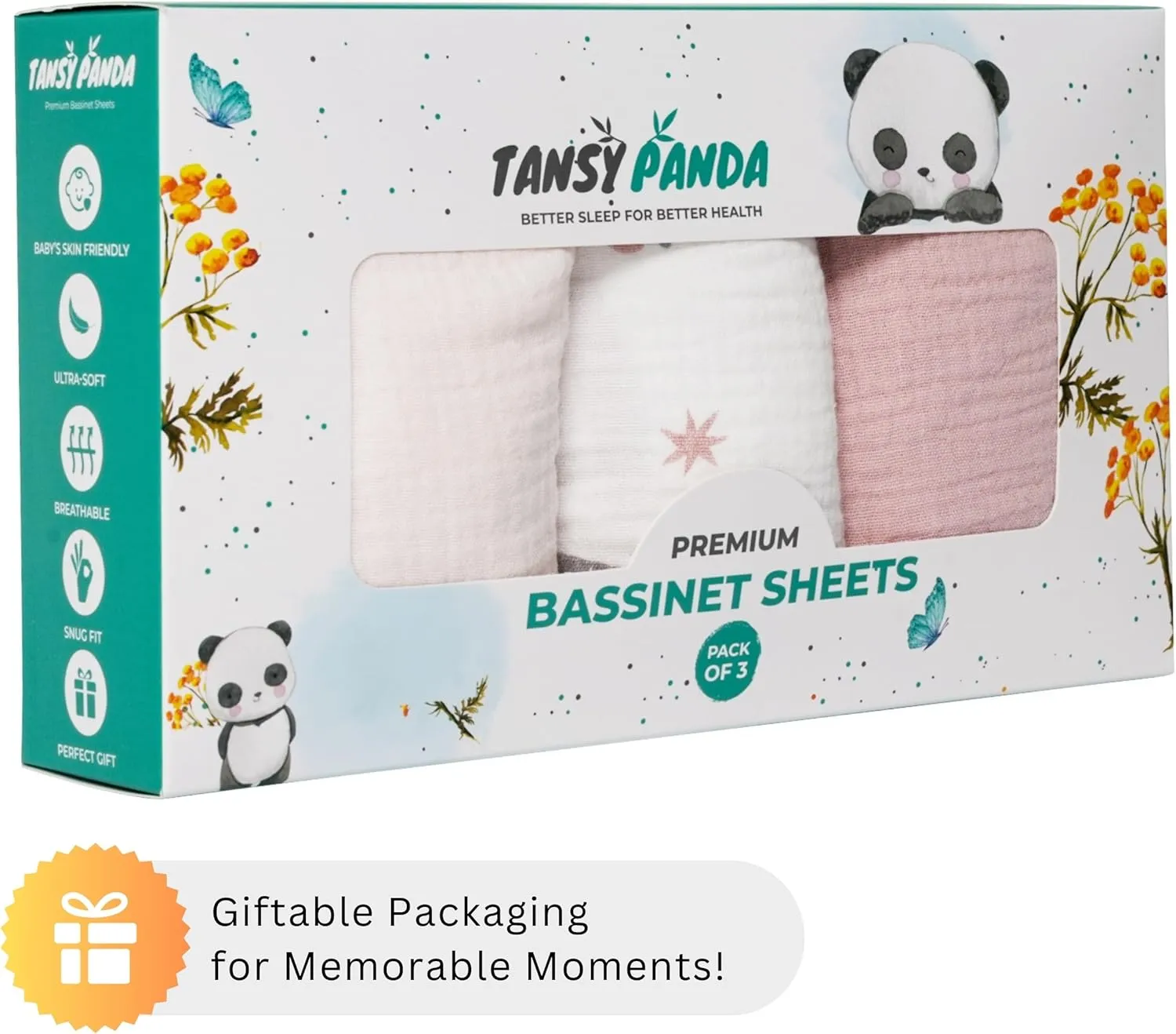 Muslin Bassinet Sheets Compatible with Halo Bassinest Swivel, Flex, Glide, Premiere and Luxe Series Sleeper, Pack 3, 33 X 17 Inch, Ultra Soft and Snug Fit, Unisex Boys Girls, Pink Rainbow