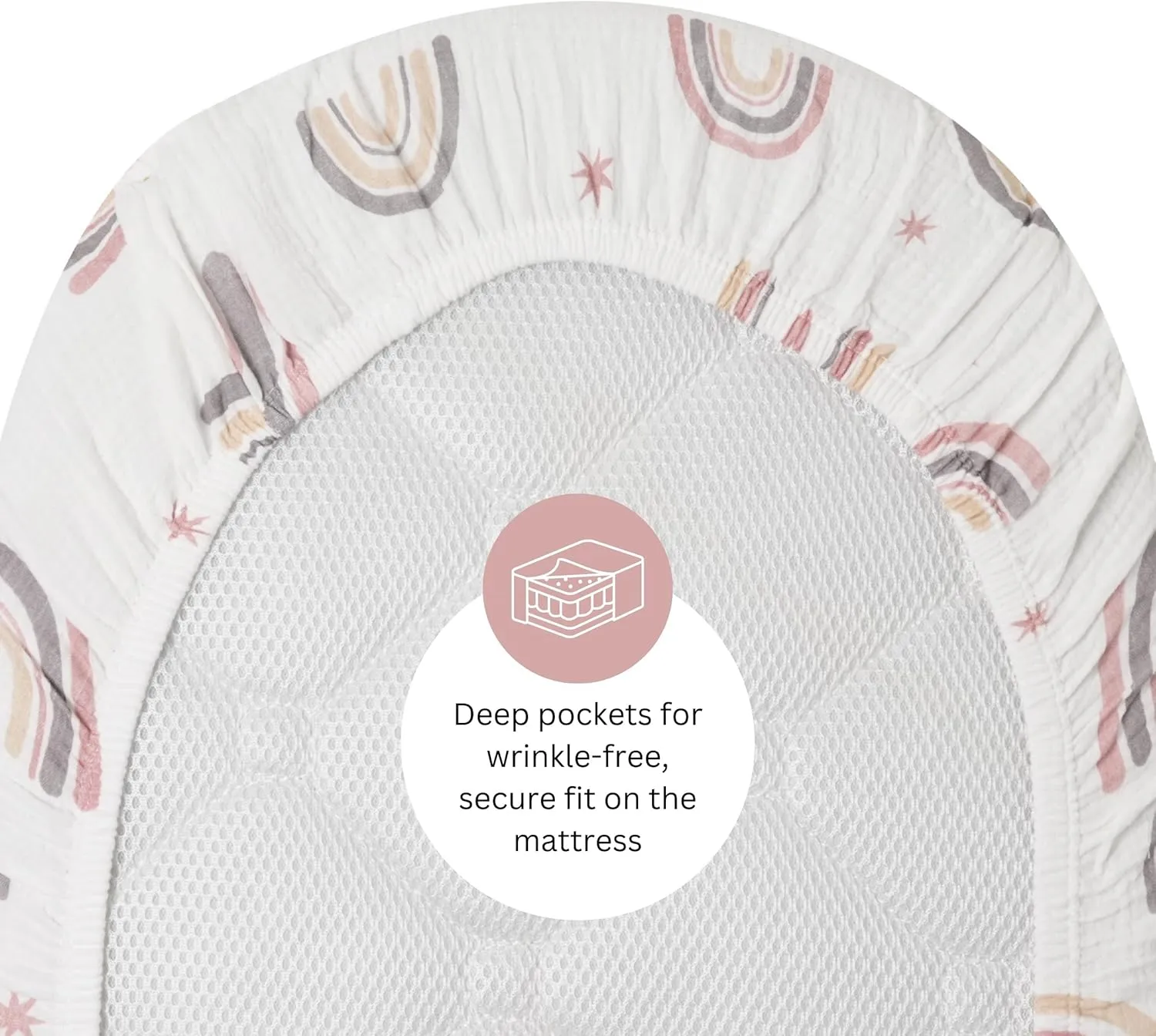 Muslin Bassinet Sheets Compatible with Halo Bassinest Swivel, Flex, Glide, Premiere and Luxe Series Sleeper, Pack 3, 33 X 17 Inch, Ultra Soft and Snug Fit, Unisex Boys Girls, Pink Rainbow