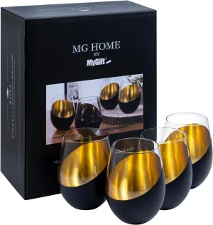 MyGift Black and Gold Stemless Wine Glasses Set of 4 - Elegant Christmas Gift Set with Luxe Metallic Finish, 18oz Modern Barware