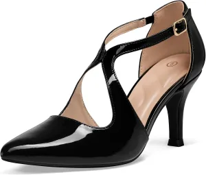mysoft Women's Dress Shoes Closed Toe 3 Inch Heels Cross Strap Stiletto Pumps Wedding Prom Party Evening Formal Shoes