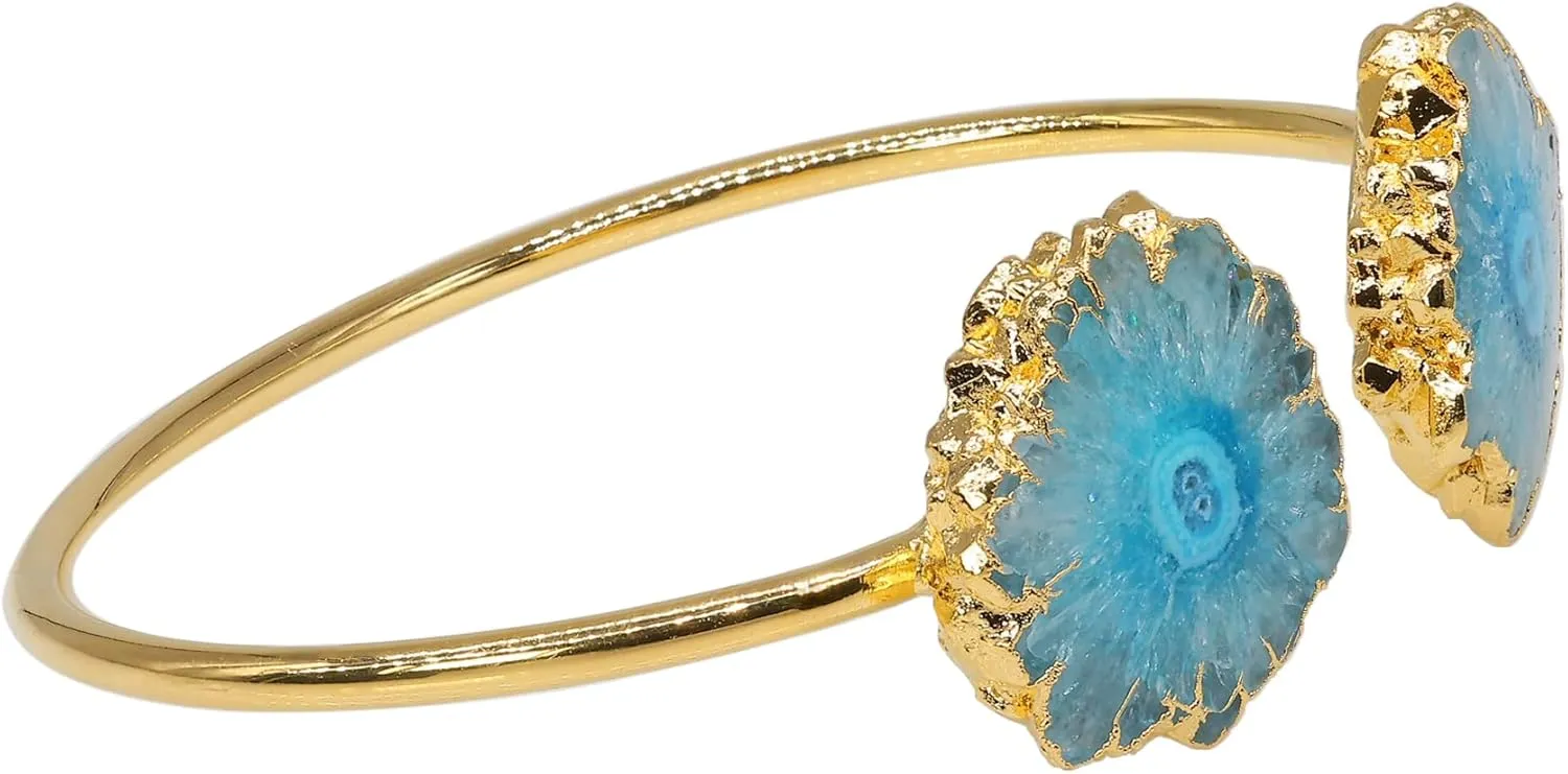 Natural Solar Quartz Open Bangle Bracelet for Women with Floral Two Quartz Stone, Adjustable Bangle Cuff Bracelet