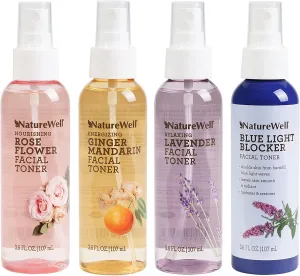 NATURE WELL All Day & Night Facial Toner Mist Variety Pack for Dewy & Radiant Skin, 100% Vegan, Refreshing, Conditioning, Soothing, Redness Reducing, Perfect for Travel, Pack of 4 (3.6 Fl Oz Each)
