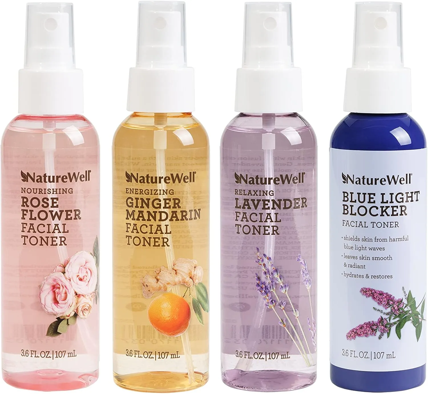 NATURE WELL All Day & Night Facial Toner Mist Variety Pack for Dewy & Radiant Skin, 100% Vegan, Refreshing, Conditioning, Soothing, Redness Reducing, Perfect for Travel, Pack of 4 (3.6 Fl Oz Each)