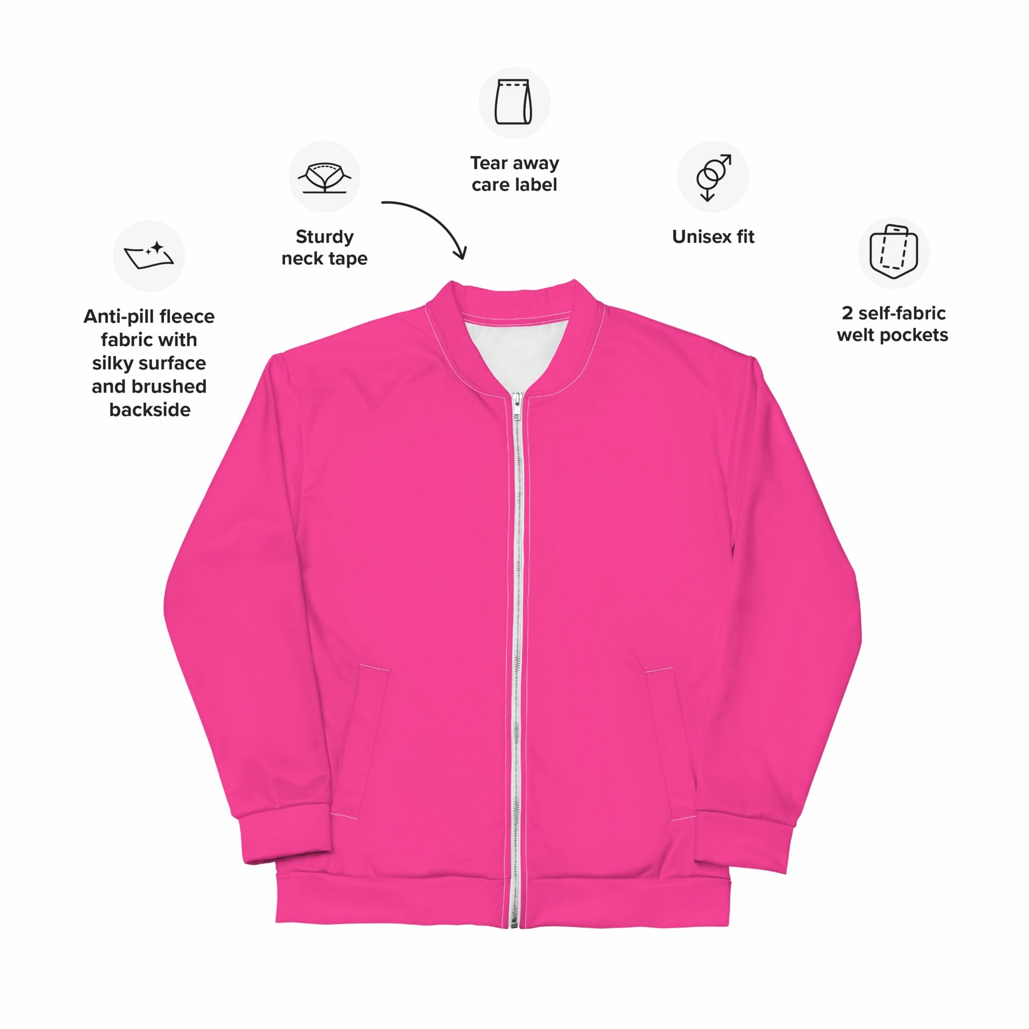 Neon Pink Fleece Lined Unisex Bomber Jacket