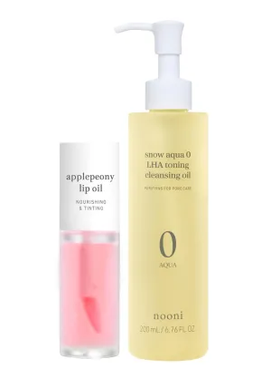 NOONI Korean Vegan Lip Oil - Applepeony, 0.12 Fl Oz Korean Cleansing Oil - Snow Aqua 0 LHA Toning Pore Care Korean Facial Oil Cleanser, 6.76 fl.oz Bundle