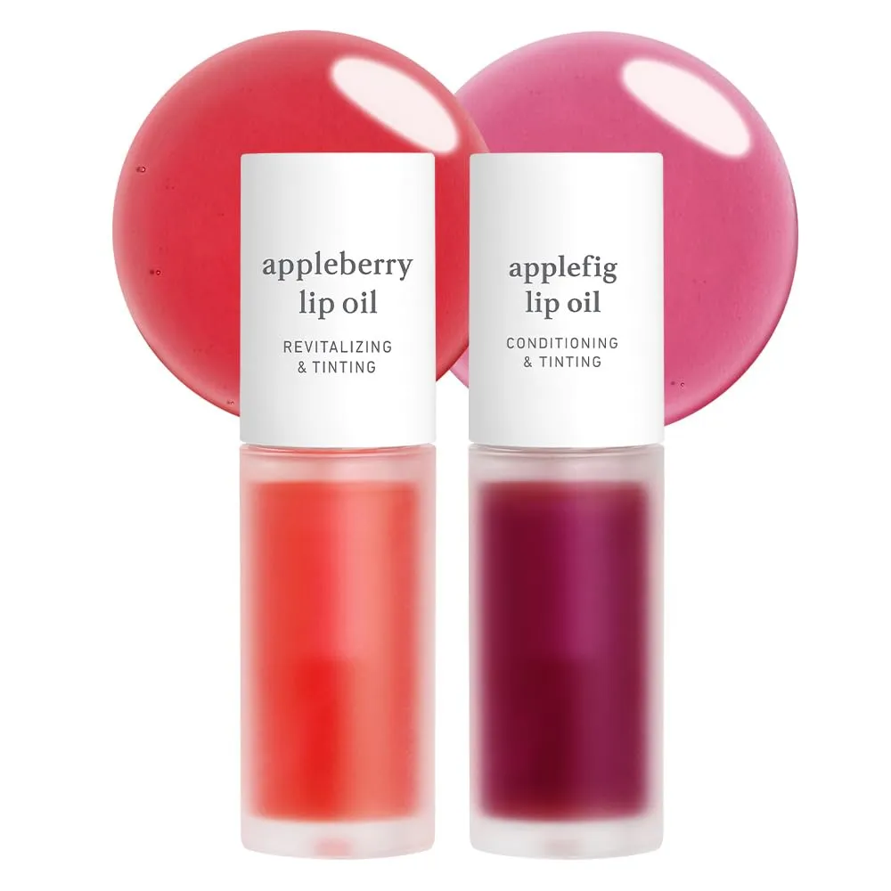 NOONI Korean Vegan Lip Oil Bundle - Appleberry&Applefig | Lip Stain, Gift, Long-Lasting, Moisturizing, Plumping, Revitalizing for Dry Lips