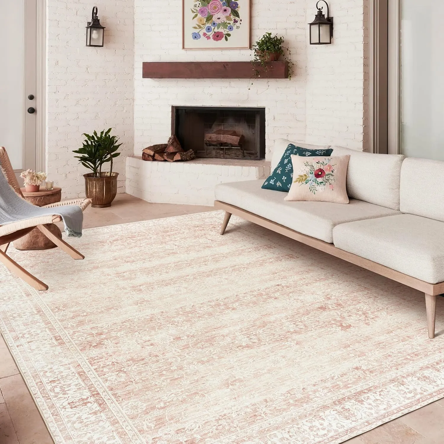 Nursery Rug for Baby Girl Neutral Blush Pink Boho Floral Washable Soft Faux Wool Area Rugs for Living Room Bedroom,5x8