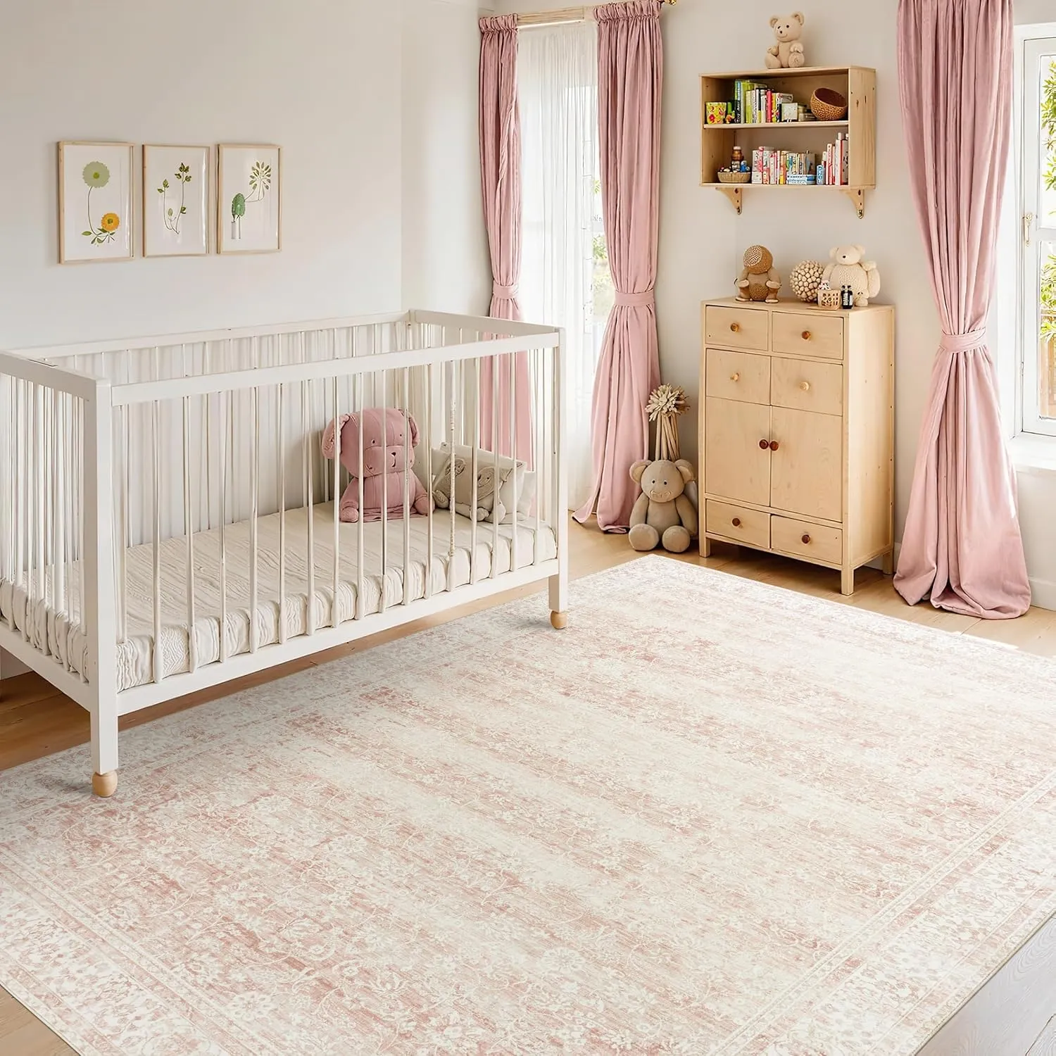Nursery Rug for Baby Girl Neutral Blush Pink Boho Floral Washable Soft Faux Wool Area Rugs for Living Room Bedroom,5x8