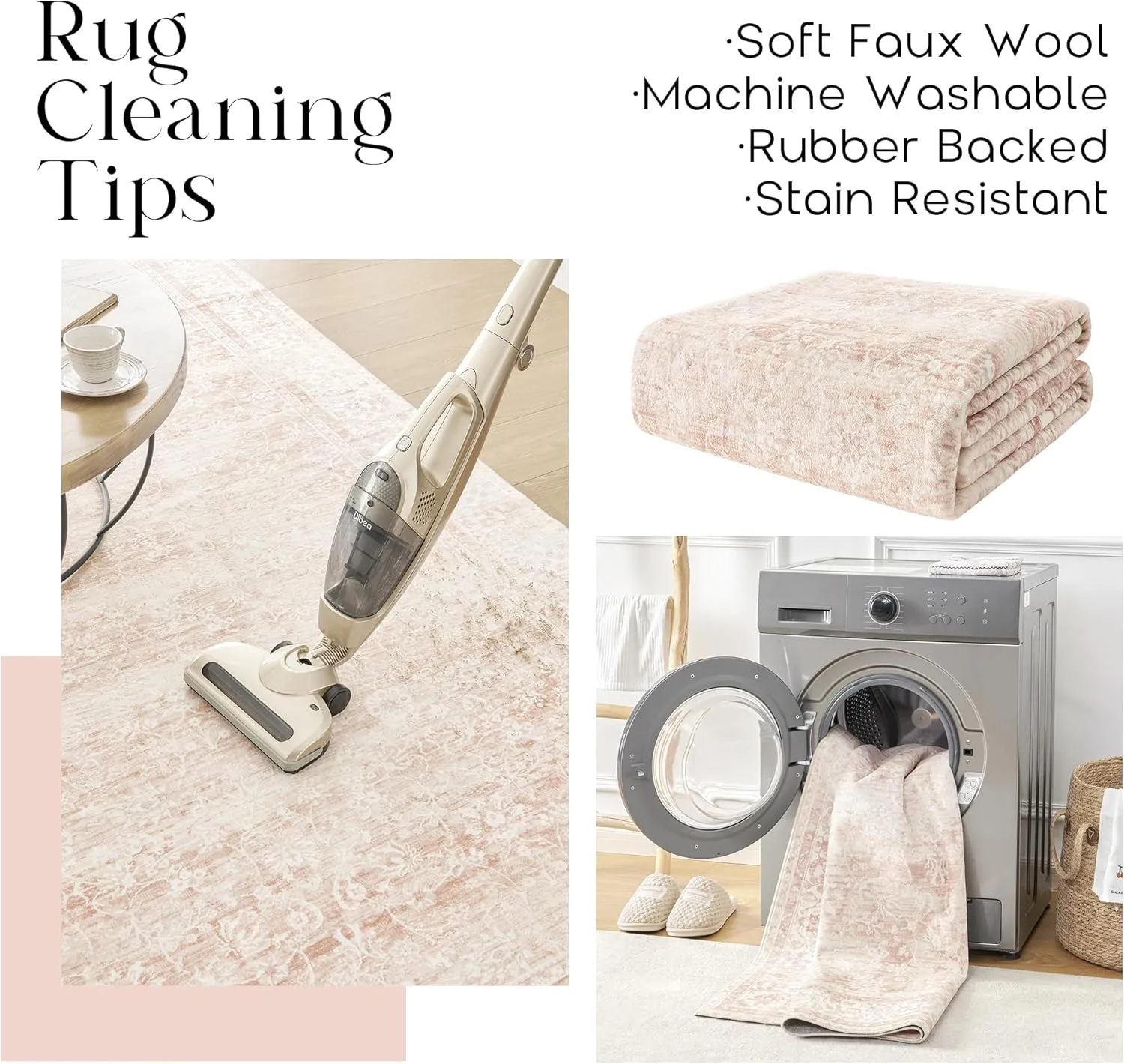 Nursery Rug for Baby Girl Neutral Blush Pink Boho Floral Washable Soft Faux Wool Area Rugs for Living Room Bedroom,5x8