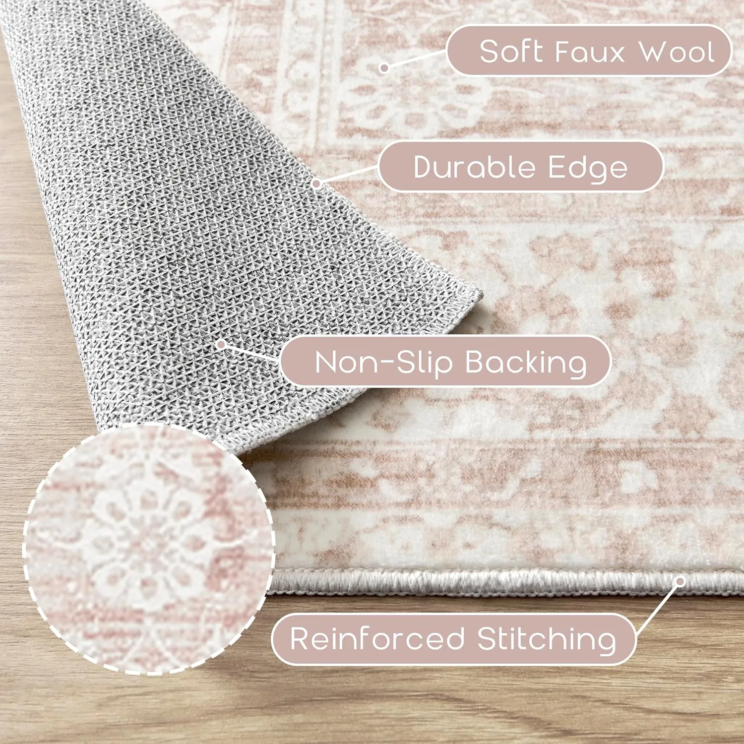 Nursery Rug for Baby Girl Neutral Blush Pink Boho Floral Washable Soft Faux Wool Area Rugs for Living Room Bedroom,5x8
