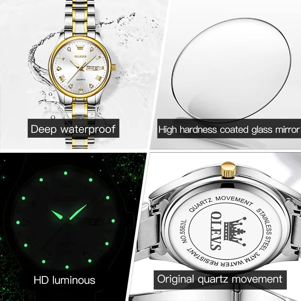 OLEVS Luxury Ladies Watches,Women's Watch with Day and Date,Female Watch for Small Wrist,Gold Stainless Steel Watches for Women,Easy Read Ladies Wrist Watches Waterproof（Adjustable Strap